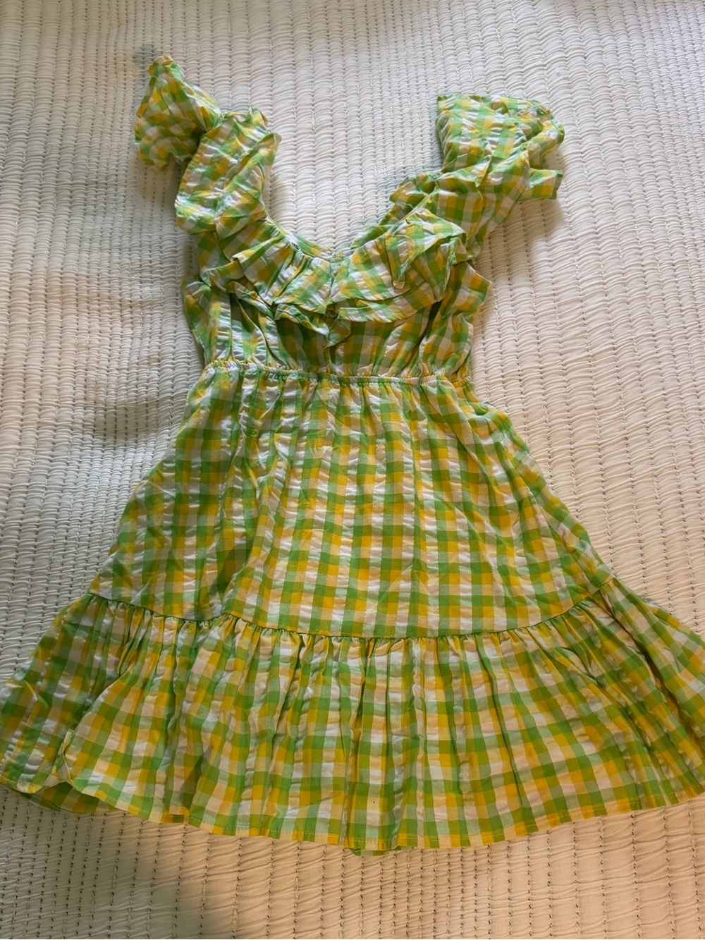 Girls Green and Yellow Gingham Ruffle Sundress